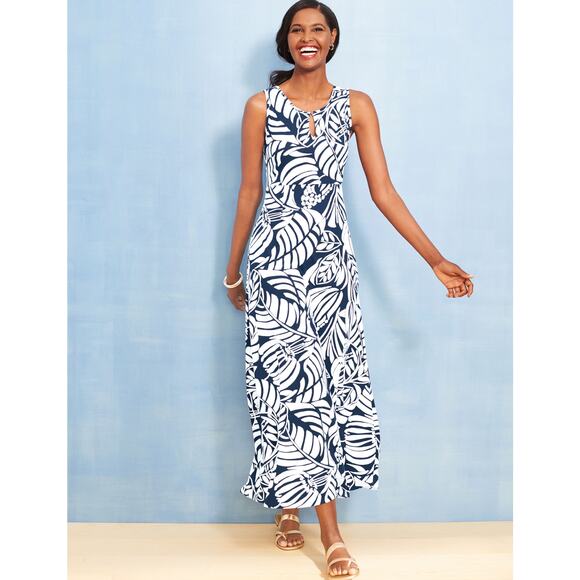 Talbots Graphic Botanical Jersey Maxi Dress Tropical Sleeveless Black White MP - Picture 3 of 11